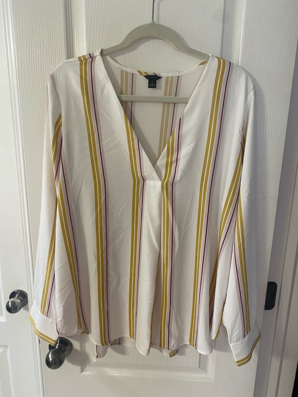 Ann Taylor White V-Neck Blouse with Mustard & Mauve Stripes